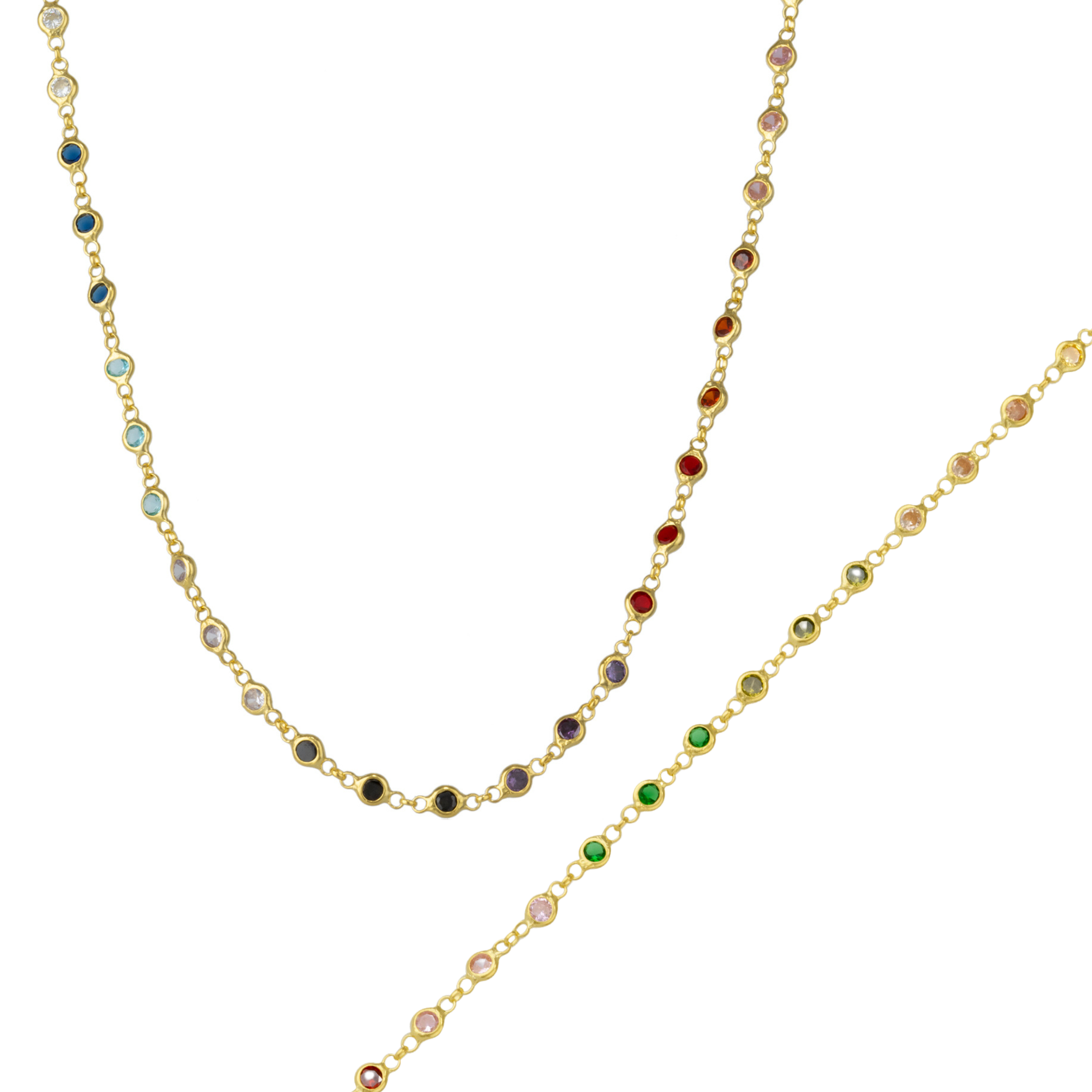 Colourful Rainbow Jewelled Sterling Silver Chain Necklace and Bracelet Set