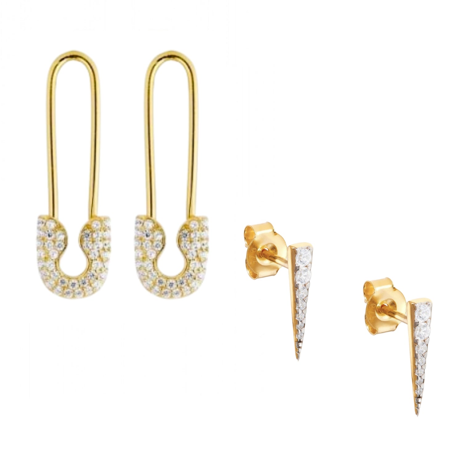 Long Pave Dagger Stud and Pave Safety Pin Earring Set