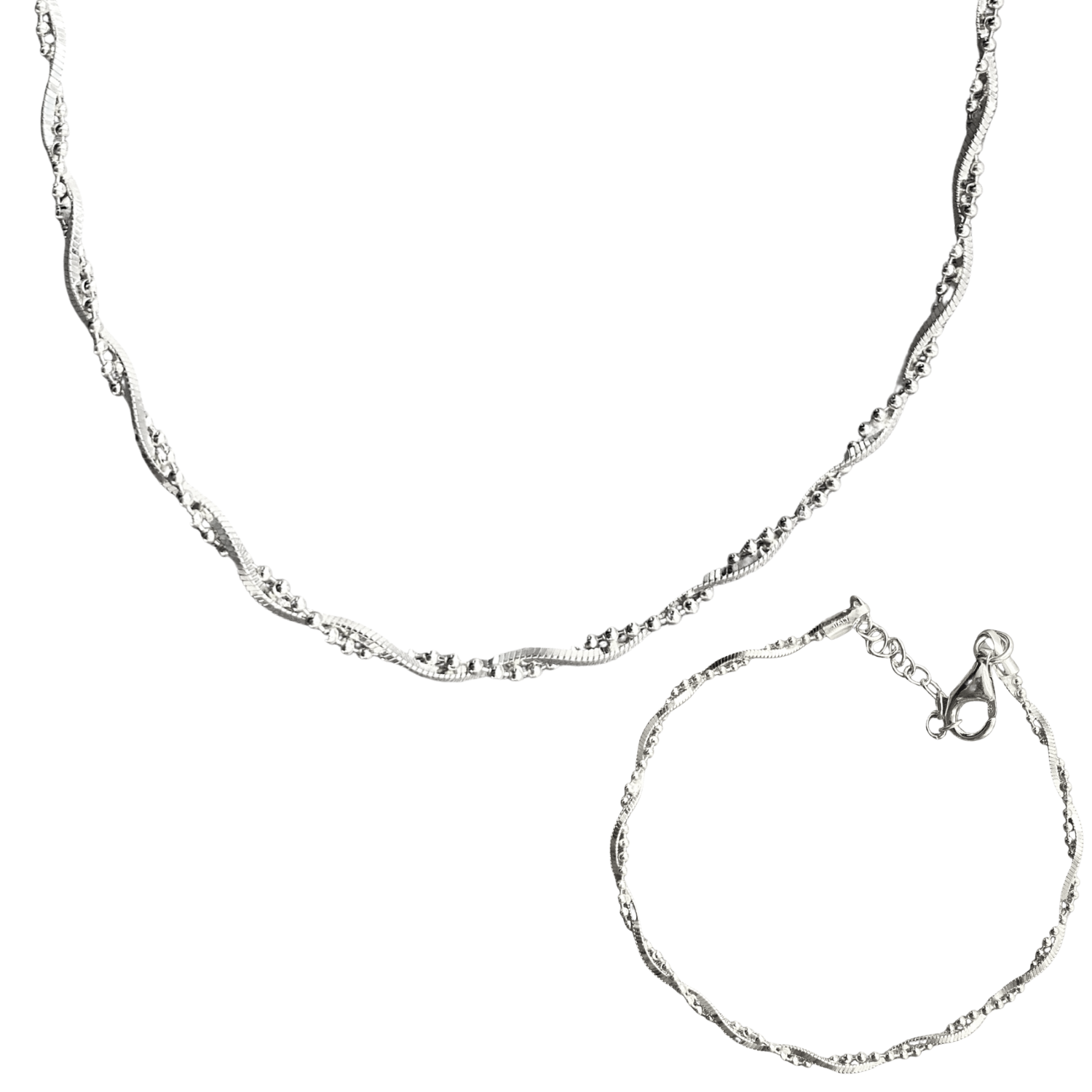 Twisted Beads Sterling Silver Chain Necklace and Bracelet Set