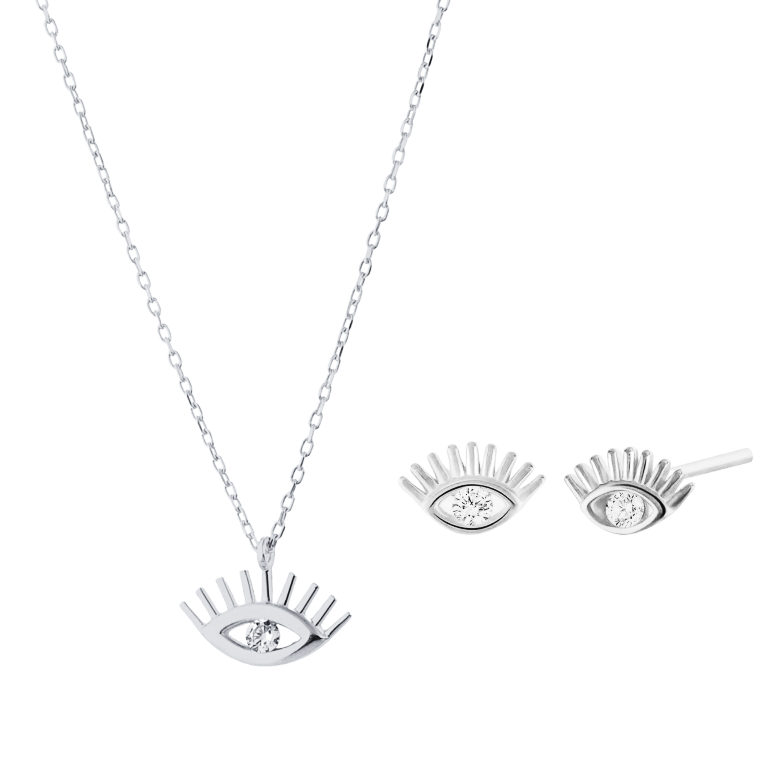 White Eye Evil Eye Sterling Silver Necklace and Stud Set