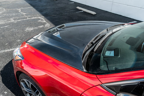 Legato V2 Carbon Fiber Hood on Red Kia Stinger