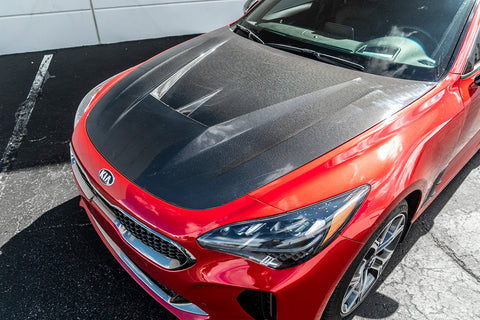 Legato V2 Carbon Fiber Hood on Red Kia Stinger