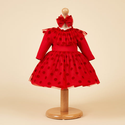 Elegant Red Girls Christmas Dress Red Tulle Skirt With Polka Dots AnneBebe