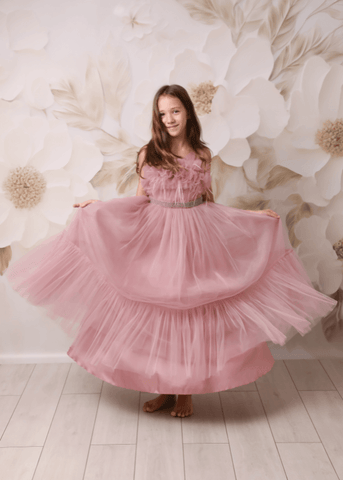 Ceremony Dress, Powder Pink Long Tulle with Ruffle on Neck and Flakes 10240 Mon Princess