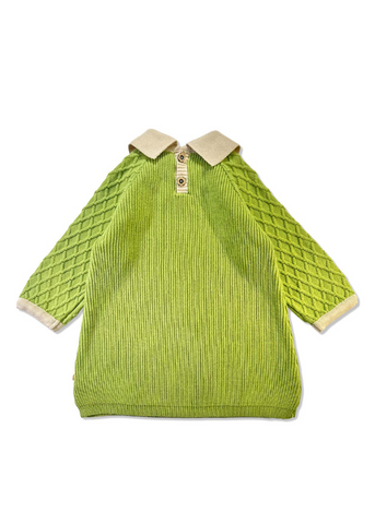 Knitted Cotton Dress, Green with Long Sleeves and Beige Collar 21173 Patique