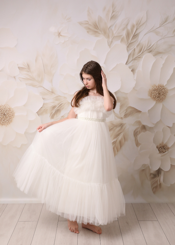 Long Ceremony Dress, Ivory Tulle with Ruffle on Bust and Flakes 10240 Mon Princess