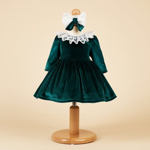 Elegant Christmas Dress for Girls Green Velvet Ruffles Lace AnneBebe