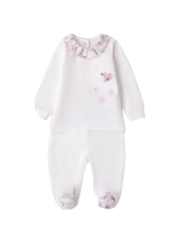 2 Piece Set, White Pants and Blouse with Collar and Flower Print for Girls 8702 Minibanda