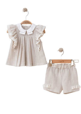 Set 2 Piese din Bumbac Bej Bluza cu Maneca Scurta si Pantaloni Scurti 5585 MyMio