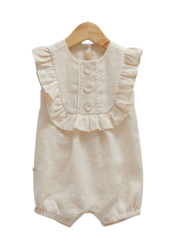 Short Beige Jumpsuit with White Polka Dots and Ruffle on the Chest 9783 Mell Sweet Baby