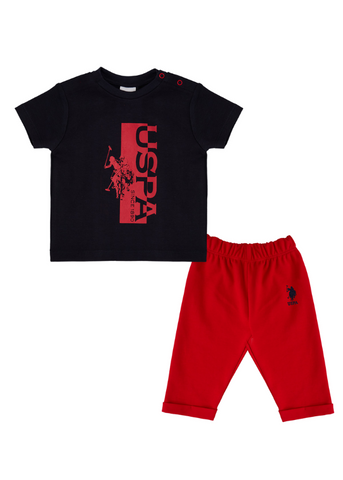 Set 2 Piese Tricou Negru si Pantaloni Sport Lungi Rosii USB1833 V2 Us Polo Assn