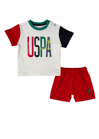 2 Piece Set, T-Shirt and Shorts Ivory with Red and Navy Blue 1821 V1 Us Polo Assn