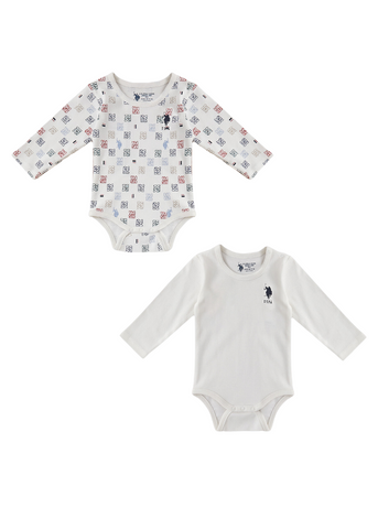 Set of 2 Boys Cream Long Sleeve Print Cotton Bodysuit USB1408 Us Polo Assn