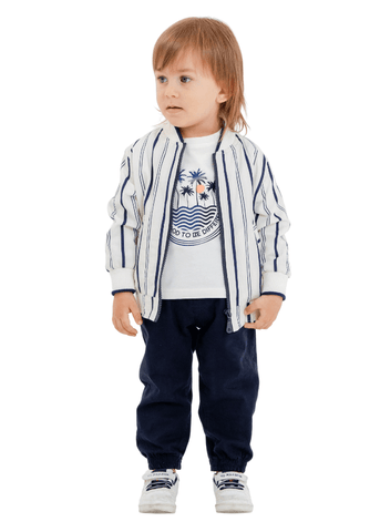 Set 3 Piese, Jacheta Alba cu Dungi Bleumarin cu Fermoar, Pantaloni Bleumarin si Tricou 9997 Lemon