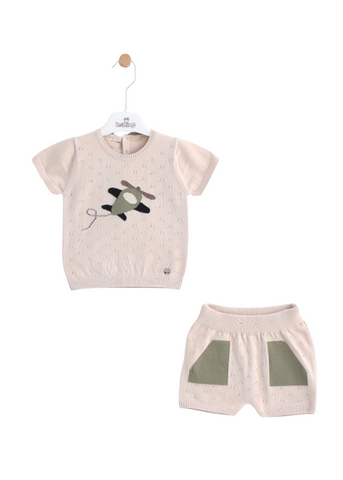 Set Tricotat 2 Piese Bej cu Verde, Bluza cu Maneca Scurta cu Avion si Pantaloni Scurti 8465 Leo King