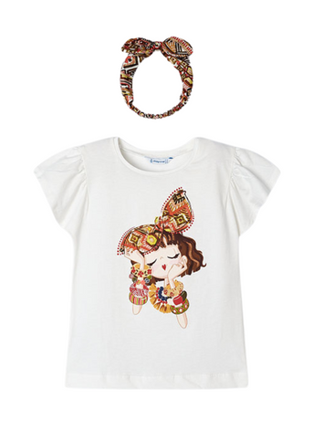 White T-shirt with Short Sleeves with Print and Brown Headband 3089 Mayoral