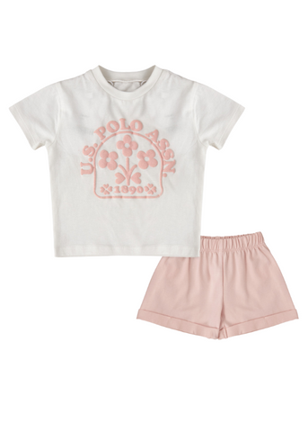 2 Piece Set, Ivory Pink Floral Print T-Shirt and Pink Shorts 1977 V1 Us Polo Assn