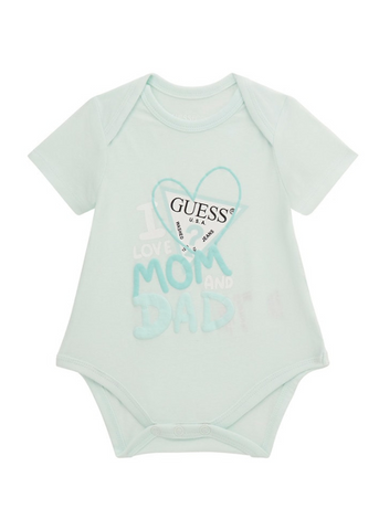 Set 2 Piese, Body Verde Menta cu Maneca Scurta I love Mom & Dad si Pantaloni Scurti H4GW07 Guess