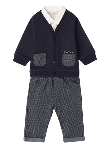 3 Piece Set for Boys, Navy Blue Jacket, Pepit Pants and Shirt 7184 iDO