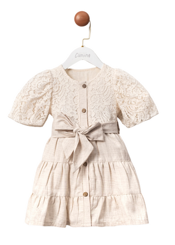 Beige Dress with Lace Bust, Skirt with Ruffles and Drawstring Waist 3418 Mino Baby