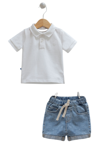 Set 2 Piese Tricou Polo Alb si Pantaloni Denim Scurti 9832 Mell Sweet Baby