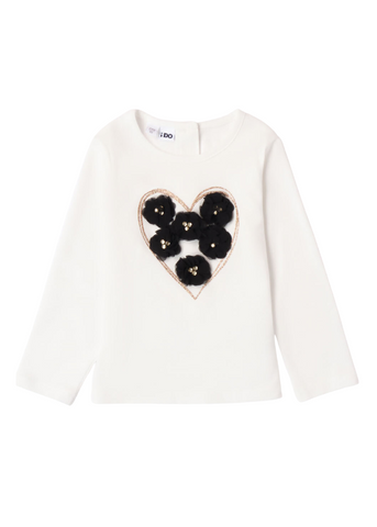 Cream blouse for girls, with long sleeves and black floral applications 7580 iDO