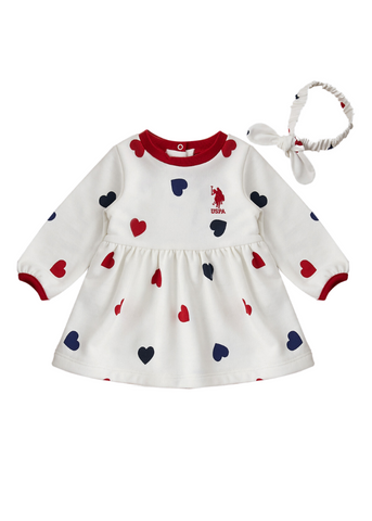 Cream Long Sleeve Dress with Heart Print and Headband 1720 Us Polo Assn