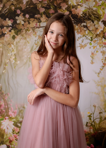 Ceremony Dress, Powder Pink Long Tulle with Ruffle on Neck and Flakes 10240 Mon Princess