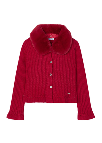 Red Knitted Cardigan with Detachable Fur Collar 4362 col 28 Mayoral