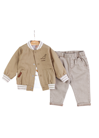 Set 3 Piese, Jacheta Bomber Bej, Tricou Alb si Pantaloni Lungi Bej 6686 Bili Baby