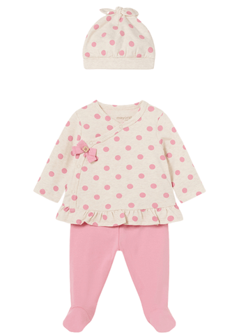 3 Piece Set for Babies, Beige with Pink Polka Dots Bettter Cotton 1531 Mayoral