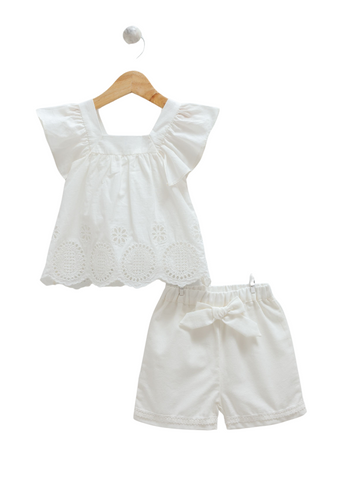 Set of 2 white cotton top and shorts with broken embroidery 9774 Mell Sweet Baby