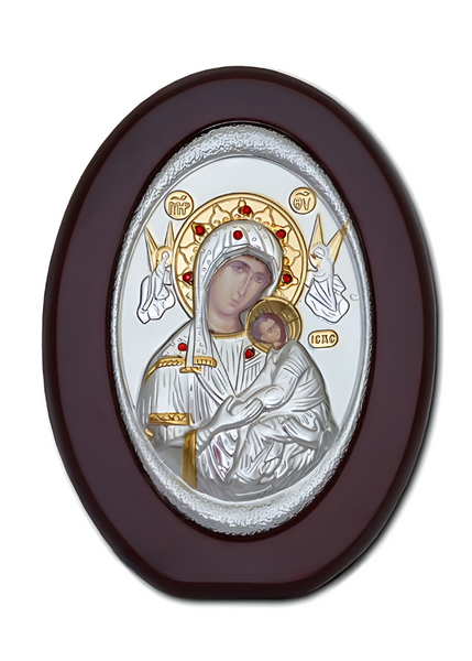 Metal icon on brown frame Mother of God with baby Amolintos CV5-008