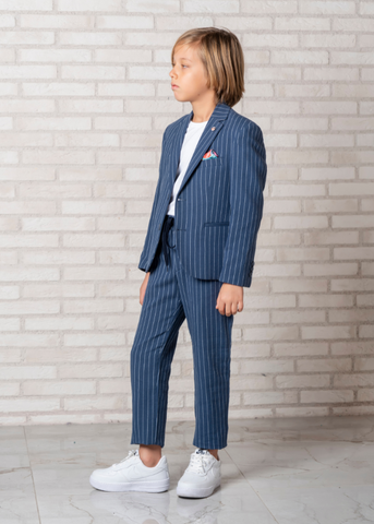 Costum 3 Piese, Sacou si Pantaloni Bleumarin cu Dungi si Tricou Alb 20293 Little Gentleman