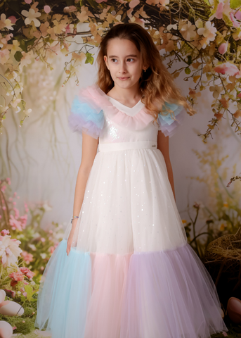Long Ceremony Dress Cream Sequined Bust Tulle Skirt With Multicolored Ruffles 2986 Mon Princess