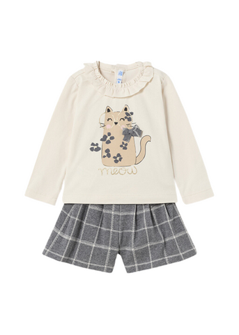 2 Piece Set for Girls, Beige Blouse with Cat and Gray Plaid Shorts 2242 Mayoral