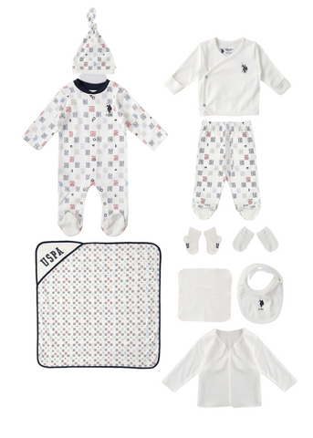 10 Piece Set for Newborns, Cream with Logo Print USB1401 Us Polo Asnn