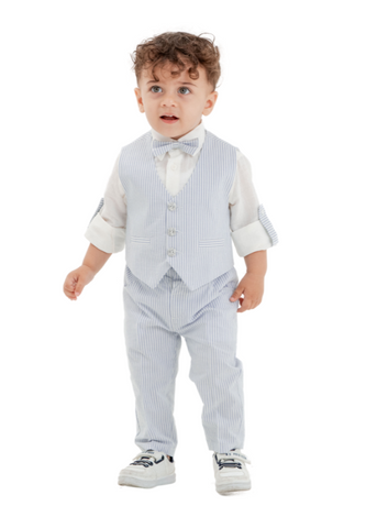 Set 3 Piese pentru Baietei, Vesta si Pantaloni Bleu cu Dungi Albe si Camasa Alba 9985 Lemon