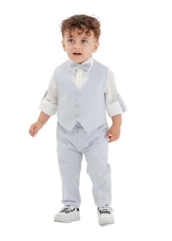 3 Piece Set for Boys, Blue Vest and Pants with White Stripes and White Shirt 9985 Lemon