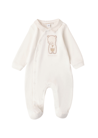 Cream Long Jumpsuit with Bear and Beige Collar for Boys 8654 Minibanda