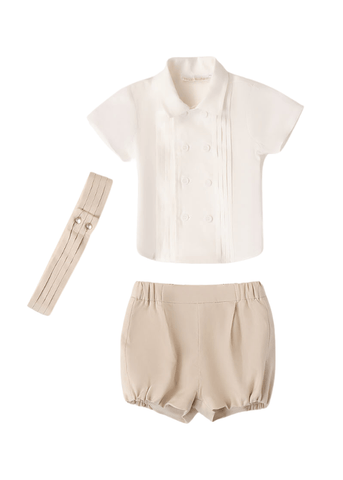 2 Piece Set, Cream Short Sleeve Shirt and Beige Linen Shorts with Viscose 8819 Miniband