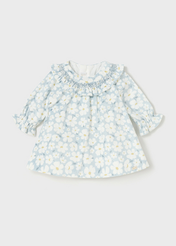 Blue Velvet Long Sleeve Baby Dress with White Flower Print 2840 Mayoral