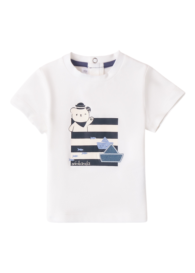 White Short-Sleeve T-Shirt with Navy Blue and Bear Stripe Print 8660 Miniband