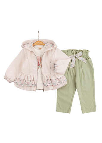 Set 3 Piese, Jacheta Roz cu Gluga si Fermoar, Pantaloni Lungi si Tricou Alb 6572 Bili Baby