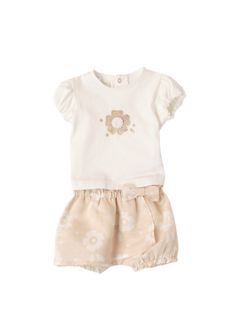 Set of 2 Pieces, Cream T-shirt and Beige Shorts with Flower Print 8151 iDO