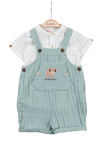 Set of 2 Pieces, Short Green Muslin Overalls and Green Plaid Shirt 6737 Bili Baby
