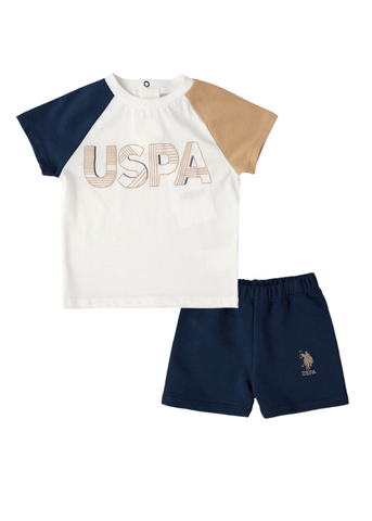 2 Piece Set, T-Shirt and Shorts Cream with Navy Blue and Beige 1839 V1 Us Polo Assn