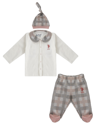 Set 3 Piese pentru Fetite, Bluza Crem cu Guler, Pantaloni si Fes in Carouri Roz 1673 Us Polo Assn