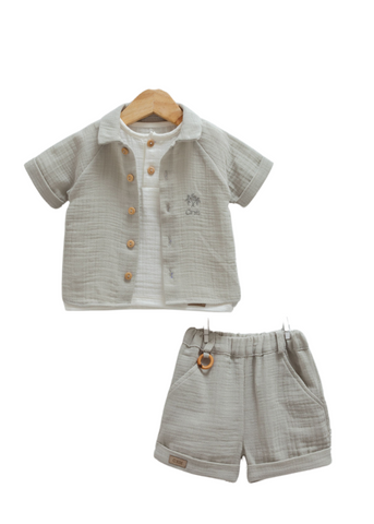 Set of 3 Pieces, Green Muslin Shirt and Shorts and Cream Blouse 9767 Mell Sweet Baby