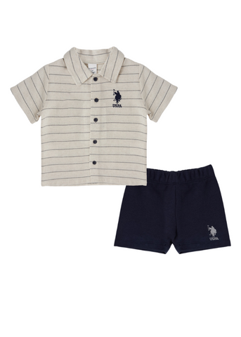 Set 2 Piese, Camasa Crem cu Dungi Bleumarin si Pantaloni Scurti Bleumarin 1873 V1 Us Polo Assn